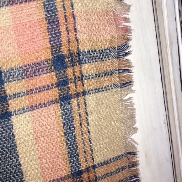 Large Blanket Scarf Tan, Blue, and Pink Plaid - Picture 3 of 4